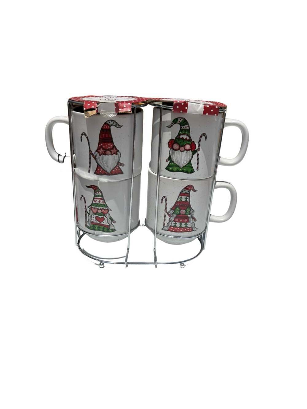 Peppermint & Pine Christmas Gnome Mug Set of 4 with Metal Stand
